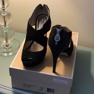 Michael Kors Black Suede Elena cross strap heels